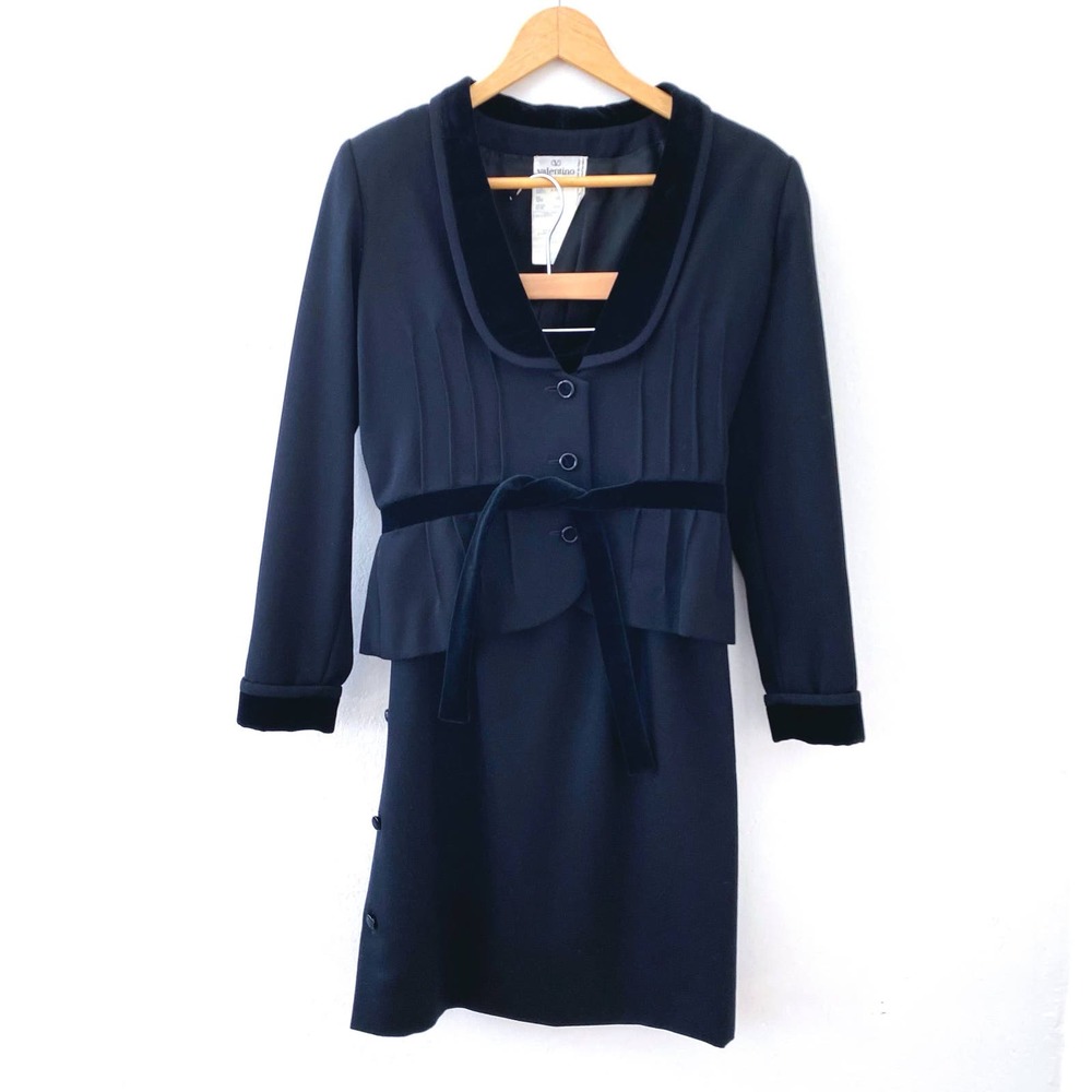 Vintage 70's Valentino Wool Black Skirt Suit Velvet Tim Belted Women's Size 10